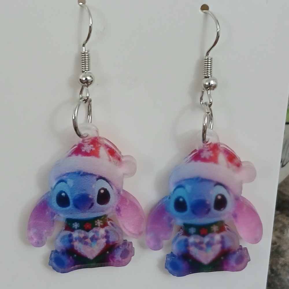 New Christmas Stitch Holding Crystal Heart Acrylic Earrings Disney